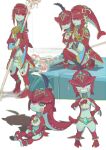  1girl aged_down blush_stickers brother_and_sister colored_skin fins fish_boy fish_girl hair_ornament highres holding holding_polearm holding_weapon ivy_(sena0119) jewelry long_hair looking_at_viewer mipha monster_girl multicolored_skin no_eyebrows pointy_ears polearm red_skin redhead siblings sidon sitting smile the_legend_of_zelda the_legend_of_zelda:_breath_of_the_wild weapon zora 