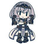  1girl :3 armor armored_boots arms_up belt belt_buckle belt_pouch black_gloves boots braid breasts brown_belt buckle chest_belt chest_guard chibi clenched_hands fingerless_gloves full_body gauntlets gloves grey_hair hands_up headband hololive juliet_sleeves long_sleeves looking_at_viewer mace medium_hair mole mole_on_breast official_art pelvic_curtain pleated_skirt pouch puffy_sleeves shirogane_noel skirt solo straight-on transparent_background virtual_youtuber weapon |_| 