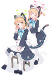  2girls animal_ear_headphones animal_ears apron black_dress black_footwear blonde_hair blue_archive blue_ribbon blush cat_ear_headphones cat_tail closed_eyes commentary_request dress eighth_note eip_(pepai) fake_animal_ears fake_tail flying_sweatdrops frilled_apron frilled_dress frills full_body green_eyes green_halo hair_ribbon halo headphones highres loafers long_sleeves maid maid_apron midori_(blue_archive) midori_(maid)_(blue_archive) momoi_(blue_archive) momoi_(maid)_(blue_archive) multiple_girls musical_note neck_ribbon open_mouth pantyhose parted_lips pink_halo puffy_long_sleeves puffy_sleeves red_ribbon ribbon shoes short_hair short_twintails sitting standing tail twintails white_apron white_background white_pantyhose 