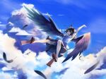  1girl absurdres bai_huashu bird_wings black_hair black_ribbon black_skirt black_wings blue_sky clouds day flying geta hat highres open_mouth pointy_ears red_eyes red_footwear red_headwear ribbon shameimaru_aya shirt short_hair short_sleeves skirt sky smile solo tengu-geta tokin_hat touhou white_shirt wings 