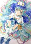  1girl absurdres amulet blue_eyes blue_hair copyright_request detached_collar dress frilled_dress frills gloves hair_ornament hat highres long_hair ponytail precure shiroma_(mamiko) sleeveless white_gloves 