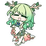  1girl :d =_= antlers barefoot blue_bow blue_bowtie bow bowtie braid braided_bangs cape ceres_fauna chibi closed_eyes full_body gradient_hair green_hair hololive hololive_english jewelry mole mole_under_eye multicolored_hair official_art own_hands_together single_thighhigh smile solo thigh-highs toeless_legwear transparent_background two-sided_fabric virtual_youtuber white_cape white_thighhighs wide_sleeves 