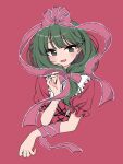  1girl :d arm_ribbon commentary cross-laced_clothes front_ponytail green_eyes green_hair hair_ribbon highres kagiyama_hina long_hair looking_at_viewer one-hour_drawing_challenge open_mouth red_background red_ribbon ribbon short_sleeves simple_background smile solo touhou upper_body ya_(inkokatte) 