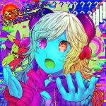 1girl ? @_@ ahoge album_cover blonde_hair blood blue_skin choker colored_skin colorful cover earrings eyelashes feather_earrings feathers glitch gradient_hair hardcore_tano_c heterochromia highres jewelry laur long_hair multicolored_hair nosebleed open_mouth rapunzelholic romaji_text sleeves_past_wrists solo song_name star_(symbol) star_in_eye stuffed_animal stuffed_rabbit stuffed_toy surreal symbol_in_eye window_(computing) 