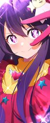  1girl absurdres choco_(chocovix112) closed_mouth commentary_request gloves hair_between_eyes hair_ornament heart highres hoshino_ai_(oshi_no_ko) long_hair multicolored_hair oshi_no_ko pink_gloves purple_hair smile solo star_(symbol) star_hair_ornament streaked_hair symbol-shaped_pupils v_over_eye violet_eyes 