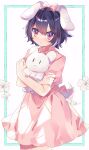  1girl absurdres animal_ears black_hair blue_eyes bow collared_dress commentary_request cowboy_shot dot_mouth dress floppy_ears flower gradient_eyes hair_bow haruwaka_064 highres holding inaba_mob_(touhou) inaba_tewi looking_at_viewer multicolored_eyes one-hour_drawing_challenge pink_bow pink_dress puffy_short_sleeves puffy_sleeves rabbit_ears rabbit_girl rabbit_tail short_hair short_sleeves solo tail touhou violet_eyes white_flower 