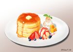  blueberry butter food food_focus fruit gradient_background highres leaf mango maple_syrup no_humans original pancake pancake_stack plate shadow still_life strawberry strawberry_slice twitter_username whipped_cream yasut_12 