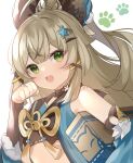  1girl :d animal_ears animal_hands bare_shoulders blush box cat_paws choker fake_animal_ears fang genshin_impact green_eyes hair_ornament hairclip highres holding holding_box kirara_(genshin_impact) long_hair looking_at_viewer open_mouth paw_pose simple_background skin_fang smile solo star_(symbol) star_hair_ornament tassel upper_body white_background x_hair_ornament yuni_(irohasuiroiro) 