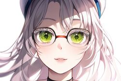  1girl 58_(opal_00_58) absurdres eye_focus glasses goddess_of_victory:_nikke green_eyes hat highres lips long_hair neon_(nikke) sailor_hat simple_background teeth white_background white_hair 