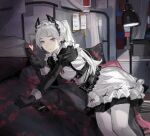  1girl arknights black_gloves dress earrings feet_out_of_frame gloves grey_eyes grey_hair head_wings heart highres irene_(arknights) irene_(voyage_of_feathers)_(arknights) jewelry long_hair looking_at_viewer maid pantyhose ponytail shuimo solo white_dress white_pantyhose wings 