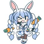 &gt;_&lt; 1girl animal_ear_fluff animal_ears black_gloves blue_hair braid carrot carrot_hair_ornament chibi food-themed_hair_ornament full_body fur-trimmed_gloves fur_scarf fur_trim gloves hair_ornament hand_up hololive long_hair looking_at_viewer multicolored_hair official_art one_eye_closed pantyhose pointing pointing_at_self rabbit_ears rabbit_girl solo standing standing_on_one_leg strapless_coat transparent_background twin_braids twintails usada_pekora very_long_hair virtual_youtuber white_footwear white_hair |_|