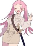  1girl ascot buttons do_m_kaeru fire_emblem fire_emblem:_three_houses garreg_mach_monastery_uniform grey_skirt high-waist_skirt hilda_valentine_goneril long_hair long_sleeves looking_at_viewer one_eye_closed open_mouth pink_eyes pink_hair sheath sheathed shirt simple_background skirt smile solo sword twintails uniform weapon white_ascot white_background white_shirt 