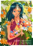  1girl black_hair blue_eyes bouquet dark-skinned_female dark_skin dress empty_eyes expressionless floral_background hands_up happy_birthday highres holding holding_bouquet long_hair looking_at_viewer male_child nico_robin nijijiang one_piece painterly plant solo upper_body 