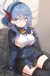  ako_(blue_archive) bell blue_archive blue_coat blue_gloves blue_hair blue_hairband breasts clipboard coat cowbell earrings garter_straps gloves hairband half_gloves halo jewelry miya_kazutomo neck_bell sideboob stud_earrings 