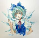  1girl blue_eyes blue_hair blue_vest cirno copyright_request dated hair_ribbon highres index_finger_raised looking_at_viewer one-hour_drawing_challenge painting_(medium) ribbon shiroma_(mamiko) shirt short_hair short_sleeves touhou traditional_media vest watercolor_(medium) white_background white_shirt wings 