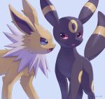  :o animal_focus bright_pupils commentary_request fang grey_background highres ibusaki_(ivu) jolteon no_humans open_mouth pokemon pokemon_(creature) tongue umbreon watermark white_pupils 
