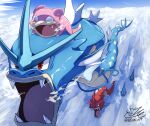  above_clouds alternate_color closed_eyes clouds commentary_request fangs flying gyarados highres no_humans on_head open_mouth pokemon pokemon_(creature) pokemon_on_head red_eyes riding riding_pokemon shiny_pokemon signature slowpoke tatsumi_(panneko) tongue 