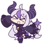  &gt;_&lt; 1girl :d ahoge ascot belt belt_buckle black_belt braid braided_bangs buckle chibi collar demon_girl demon_horns demon_tail full_body hololive horns la+_darknesss long_hair long_sleeves metal_collar multicolored_hair official_art pointy_ears purple_hair purple_horns single_leg_pantyhose sleeves_past_fingers sleeves_past_wrists smile solo standing standing_on_one_leg streaked_hair striped_horns tail transparent_background very_long_hair virtual_youtuber yellow_ascot 