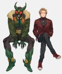  2boys armored_boots ashihara_ryo bbbb_fex black_pants black_sweater blonde_hair boots buttons chain dual_persona expressionless fur_trim green_armor green_footwear hand_in_pocket highres invisible_chair jacket jewelry kamen_rider kamen_rider_agito_(series) kamen_rider_gills male_focus multiple_boys necklace pants red_eyes red_footwear red_jacket rider_belt shoes short_hair sitting sneakers sweater 