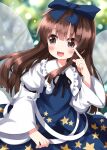  1girl blue_bow blue_dress blush bow brown_eyes brown_hair collar collared_dress dress fairy fairy_wings frilled_collar frills hair_bow highres long_hair long_sleeves open_mouth ruu_(tksymkw) sidelocks smile solo star_(symbol) star_print star_sapphire touhou wide_sleeves wings 