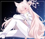  1girl akira_(blue_archive) animal_ear_fluff animal_ears blue_archive cat_ears coat coat_on_shoulders colored_eyelashes gloves halo highres long_hair looking_at_viewer pants red_eyes saito_katuo shirt sitting smile solo white_coat white_footwear white_gloves white_hair white_pants white_shirt 