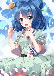  1girl :d belt blue_background blue_dress blue_eyes blue_hair blush breasts cowboy_shot dress flower hagoromo hair_ornament hair_rings hair_stick hands_up highres kaku_seiga ruu_(tksymkw) shawl simple_background small_breasts smile solo touhou vest white_flower 