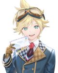  1boy blonde_hair brown_gloves buttons collared_shirt commentary_request gloves goggles goggles_on_head green_eyes happy_lovely_everyday!_(project_sekai) highres kagamine_len lapels long_sleeves male_focus more_more_jump!_(project_sekai) more_more_jump!_len naoko_(naonocoto) official_alternate_costume open_mouth project_sekai shirt short_hair simple_background solo teeth upper_body upper_teeth_only white_background 