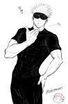  1boy black_blindfold black_pants black_shirt blindfold blowing_kiss celesteawori chibi gojou_satoru greyscale highres itadori_yuuji jujutsu_kaisen monochrome muscular muscular_male pants shirt short_hair spiky_hair white_background white_hair 