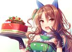  1girl akashio_(loli_ace) animal_ears breasts brown_hair cake character_name detached_sleeves food fruit gloves hair_between_eyes hair_ornament happy_birthday highres horse_ears horse_girl king_halo_(umamusume) long_hair looking_at_viewer medium_breasts red_eyes simple_background solo umamusume white_background 