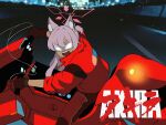  1girl absurdres akira akira_(blue_archive) alternate_costume animal_ear_fluff animal_ears black_gloves blue_archive blurry cat_ears cat_tail character_name commentary copyright_name cosplay depth_of_field eye_mask gloves glowing glowing_eyes grey_hair hair_between_eyes halo high_ponytail highres hrna jacket kaneda_shoutarou&#039;s_bike kaneda_shoutarou_(akira) kaneda_shoutarou_(akira)_(cosplay) long_hair long_sleeves looking_at_viewer motor_vehicle motorcycle name_connection night on_motorcycle open_clothes open_jacket parody phantom_thief red_jacket riding shouting sidelocks skyline solo tail teeth upper_teeth_only v-shaped_eyebrows 