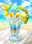  beach blue_sky clouds cloudy_sky food food_focus fruit highres leaf nanohana_wave no_humans original outdoors parfait pineapple sky still_life table 