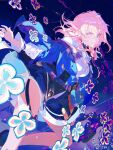  black_choker black_corset blue_background blue_jacket blue_skirt bow choker corset feet_out_of_frame floral_background flower gradient_eyes grin highres honkai:_star_rail honkai_(series) jacket long_sleeves march_7th_(honkai:_star_rail) multicolored_eyes pink_hair shirt skirt smile taiki_(luster) thigh_strap thighs two-tone_eyes underbust white_shirt white_sleeves 