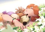  1girl absurdres bracelet closed_eyes fang flower flower_bed gundam gundam_suisei_no_majo highres hug jewelry lily_(flower) long_hair midriff navel on_ground orange_hair puni_(punycolors) simple_background sleeping solo sophie_pulone stuffed_animal stuffed_toy 