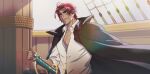  1boy claw_scar coat coat_on_shoulders collared_shirt dark-skinned_male dark_skin eyebrow_cut facial_hair goatee jaeun90_(lju90) male_focus mature_male one_piece pectoral_cleavage pectorals pirate_ship redhead shanks_(one_piece) sheath sheathed shirt short_hair smile solo stubble sword thick_eyebrows upper_body weapon 