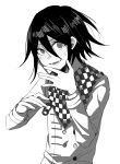  1boy blush checkered_clothes checkered_scarf covering_face danganronpa_(series) danganronpa_v3:_killing_harmony embarrassed greyscale hair_between_eyes hands_up highres looking_at_viewer lower_teeth_only m0918664055 male_focus monochrome open_mouth ouma_kokichi scarf short_hair sketch solo straitjacket sweat teeth upper_body 