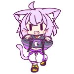  1girl :3 :d animal_collar animal_ear_fluff animal_ears baggy_pants black_collar black_hoodie cat_ears cat_girl cat_tail chibi collar cropped_hoodie drawstring fang full_body hands_up hololive hood hood_down hoodie long_sleeves looking_at_viewer midriff navel nekomata_okayu official_art onigiri_print pants paw_pose purple_hair shoes sleeves_past_wrists smile sneakers solo standing standing_on_one_leg straight-on tail transparent_background virtual_youtuber white_pants yellow_footwear |_| 