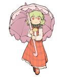  1girl absurdres ascot closed_mouth collared_shirt full_body green_hair highres holding holding_umbrella jaggy_lines kazami_yuuka long_sleeves plaid plaid_skirt plaid_vest red_footwear red_skirt red_vest redhead shirt shoes short_hair simple_background skirt smile solo temmie_chang touhou umbrella vest white_background white_shirt yellow_ascot 