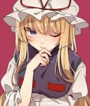  1girl artist_name blonde_hair blue_eyes blue_nails breasts dress hand_on_own_face hat long_hair mob_cap one_eye_closed purple_background purple_dress shirt solo thinking touhou unkmochi white_headwear white_shirt yakumo_yukari 