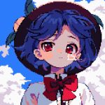  1girl ahiru_tokotoko alternate_hair_length alternate_hairstyle black_headwear blue_hair clouds cloudy_sky collared_shirt day fruit_hat_ornament hat hat_ornament highres hinanawi_tenshi peach_hat_ornament pixel_art portrait red_eyes shirt short_hair sky solo touhou white_shirt 