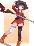  1girl asymmetrical_legwear bandaged_leg bandages bare_shoulders belt black_thighhighs choker dress fingerless_gloves gloves hat highres holding holding_staff hylran0427 kono_subarashii_sekai_ni_shukufuku_wo! megumin mismatched_legwear red_dress red_eyes short_hair_with_long_locks single_thighhigh solo staff thigh-highs witch_hat 