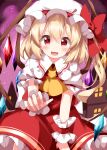  1girl :d ascot blonde_hair blush bow crystal fangs flandre_scarlet frilled_shirt_collar frills hair_between_eyes hat hat_bow highres looking_at_viewer medium_hair mob_cap night one_side_up outdoors petticoat puffy_short_sleeves puffy_sleeves reaching_towards_viewer red_bow red_eyes red_skirt red_vest ruu_(tksymkw) scarlet_devil_mansion short_sleeves skirt skirt_set smile solo touhou v-shaped_eyebrows vest wings yellow_ascot 