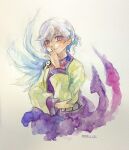  1girl absurdres dated hand_to_own_mouth highres kishin_sagume long_sleeves looking_at_viewer one-hour_drawing_challenge painting_(medium) shiroma_(mamiko) short_hair single_wing touhou traditional_media violet_eyes watercolor_(medium) white_background white_hair wide_sleeves wings 