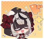  1girl :d black_collar black_hair blush bow camisole caution chibi closed_eyes collar commentary_request eye_mask fang gradient_background grey_hair hair_ornament hairclip heart highres hololive hood hood_up multicolored_hair muuran orange_background plaid plaid_bow polka_dot polka_dot_background red_bow sakamata_chloe smile solo streaked_hair translation_request upper_body virtual_youtuber white_camisole x_hair_ornament yellow_background 
