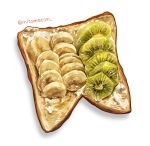  absurdres artist_name banana banana_slice bread food food_focus fruit highres kiwi_(fruit) kiwi_slice mitomaton no_humans original realistic simple_background still_life toast twitter_username white_background 