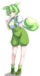 1girl absurdres arm_behind_back blush breasts closed_mouth commentary_request full_body green_footwear green_hair green_shorts green_suspenders highres leaning_to_the_side long_hair looking_at_viewer medium_bangs medium_breasts personification puffy_shorts shirt shirt_tucked_in short_sleeves shorts simple_background smile solo suspender_shorts suspenders syatiten voicevox white_background white_shirt yellow_eyes zundamon 