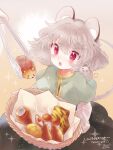 1girl absurdres animal animal_ears artist_name basket biyon black_dress blush bread capelet commission dress food grey_capelet grey_hair hair_between_eyes highres holding holding_basket long_sleeves mouse mouse_ears mouse_tail nazrin open_mouth red_eyes second-party_source short_hair signature skeb_commission solo tail touhou twitter_username 