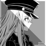  1girl character_request check_copyright copyright_request from_side grey_background grey_theme hair_between_eyes hat highres long_hair military military_hat military_jacket military_uniform naomi_nami punishing:_gray_raven sidelocks uniform 