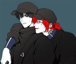  2boys arm_around_shoulder baseball_cap black_hair black_headwear black_shirt blue_background commentary_request ear_piercing earrings eoduun_badaui_deungbul-i_doeeo hair_between_eyes hat heterochromia jewelry kim_jaehee korean_commentary long_hair looking_at_another male_focus multiple_boys neck_tattoo open_mouth padakpadak_88 park_moo-hyun piercing ponytail redhead shirt short_hair simple_background smile snake_tattoo tattoo upper_body 