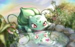  :d blurry bright_pupils bulbasaur commentary_request day depth_of_field fang looking_down no_humans open_mouth outdoors plant pokemon pokemon_(creature) rainbow red_eyes reflection ripples sanomi_pori signature smile solo vines water watermark white_pupils 