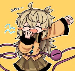  1girl closed_eyes fangs green_skirt hands_on_own_face highres komeiji_koishi light_green_hair long_hair long_sleeves skirt solo sweater third_eye touhou translation_request yawning yellow_background yellow_sweater zunusama 